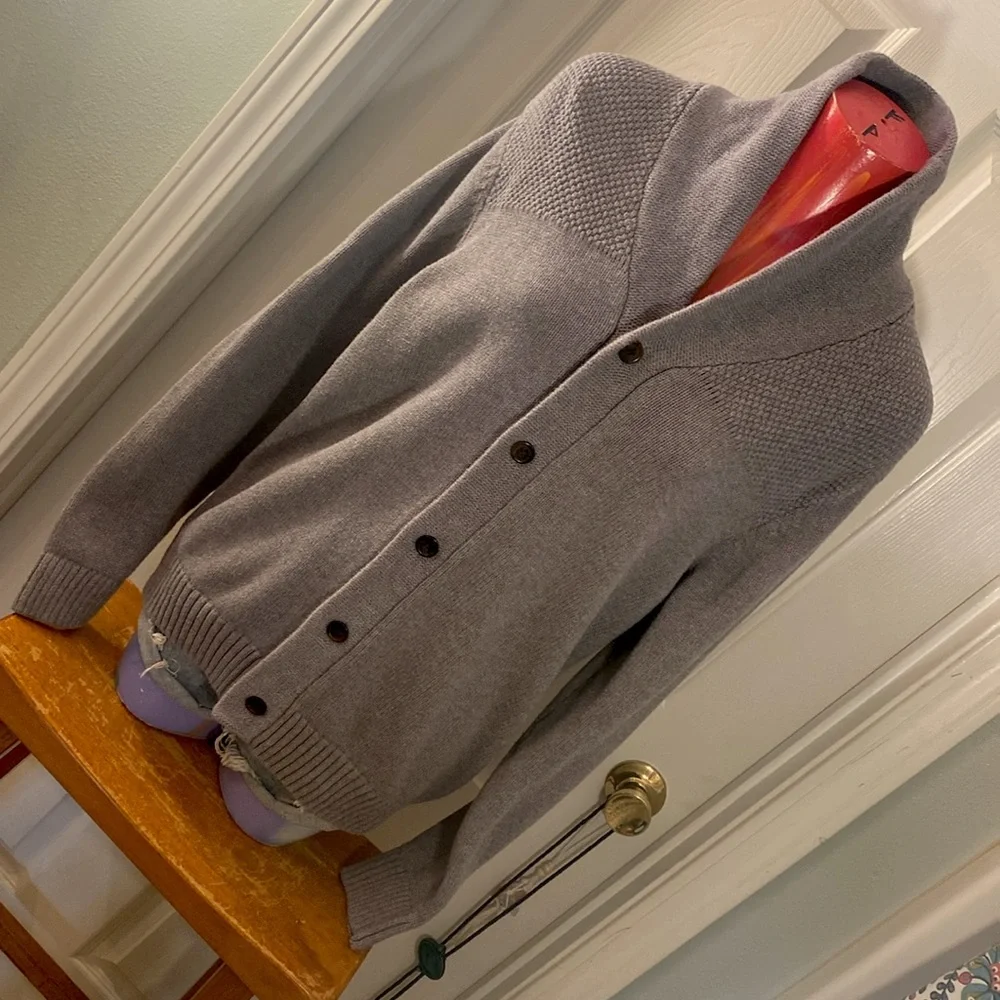 Chaps Gray Heathered Cardigan Sweater with Shawl Collar